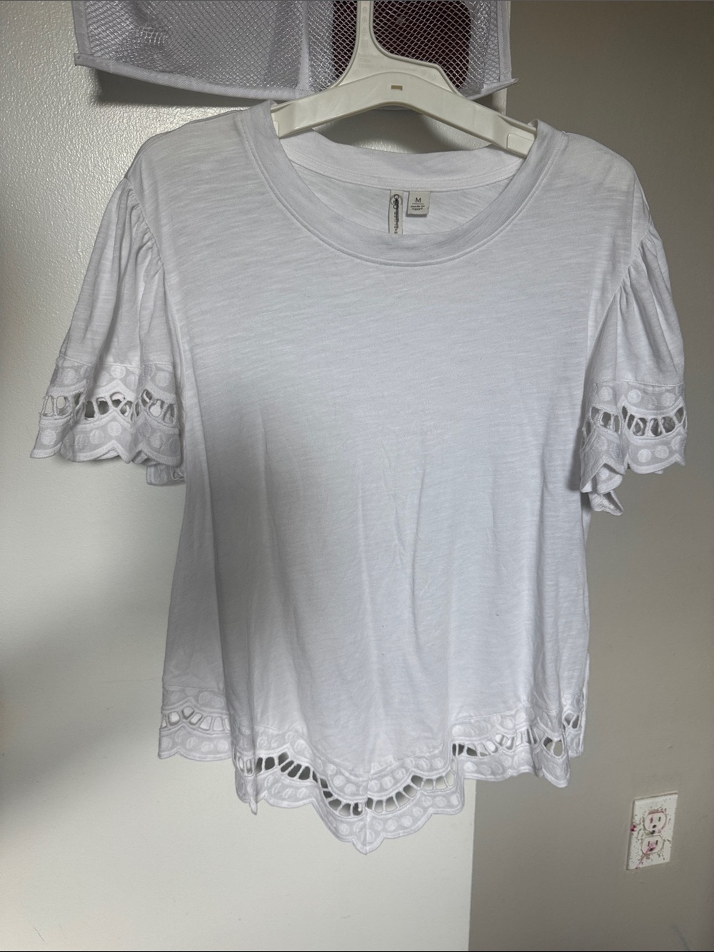 Cato White Eyelet Sleeve & Hem Short Sleeve Top